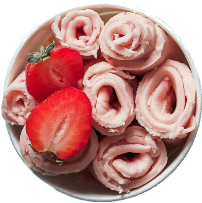 rolled ice creams in cone cups on blue background. Different iced rolls top view or flat lay. Thai style rolled ice cream